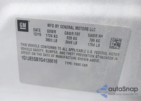 2016 Chevrolet Sonic Ltz Auto from USA, damaged, VIN 1G1JE5SB7G4138616